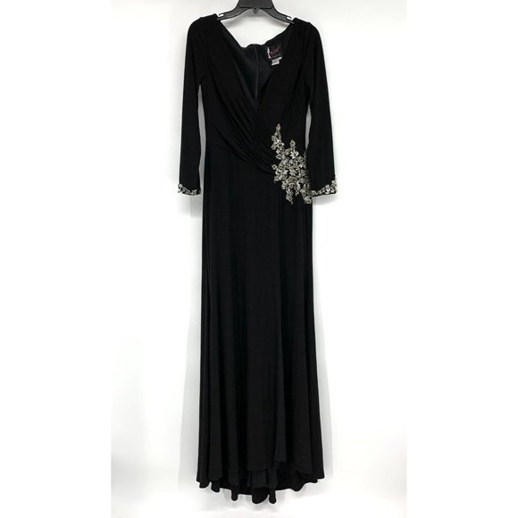 Mac Duggal Dress 41016 Black Floral Embellished Wrap Long Sleeve Gown - Picture 2 of 13